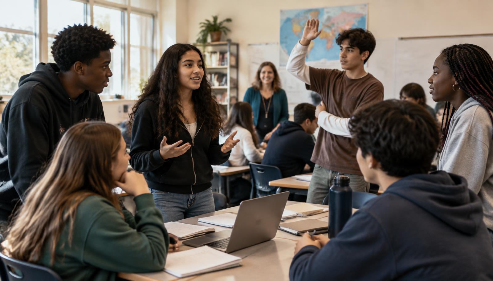 High school students in discussion during a classroom workshop